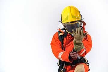 Firefighters wearing firefighting clothing on a white background and Helps to prevent fire