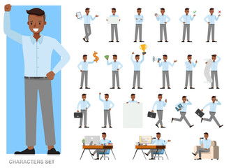 Set of businessman character vector design. Presentation in various action with emotions, running, standing and walking. People working in office planning, thinking and economic analysis.
