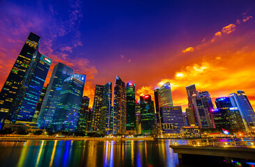 skyline of singapore city with sunset