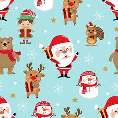 Merry Christmas greeting card background. Santa Claus, deer, snowman, bear, squirrel and little elf seamless pattern. Cute holiday cartoon character vector set.