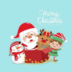 Merry Christmas and happy new year greeting card with cute Santa Claus,  deer and bulb light. Holiday cartoon character in winter season. -Vector.