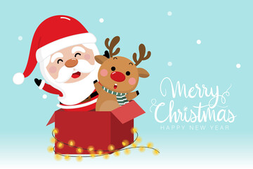 Merry Christmas and happy new year greeting card with cute Santa Claus,  deer and bulb light. Holiday cartoon character in winter season. -Vector.