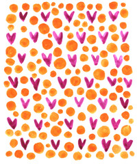 Abstract background with hearts stains and circles. Brush strokes watercolor, paint spots. Children, sketch, doodle, hand drawn