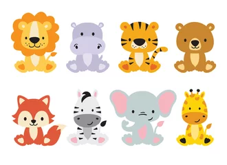 Stickers pour porte Zoo Ensemble d& 39 animaux sauvages mignons comprenant le lion, le tigre, l& 39 hippopotame, l& 39 ours, le renard, le zèbre, la girafe et l& 39 éléphant. Vecteur d& 39 animaux de la jungle Safari. Illustration d& 39 animaux des bois.