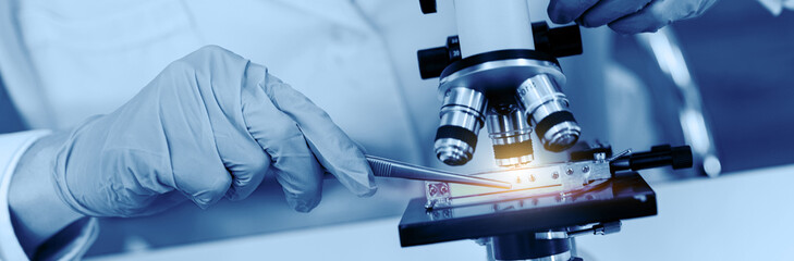 DNA research and development  examination in the laboratory Modern medical biotechnology.double exposure