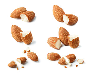 group nut pieces chopped almond  broken and lay down on white isolated with Clipping path