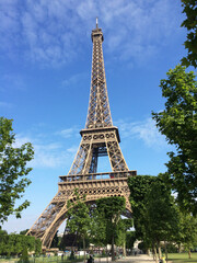 Paris skyline with an impressive Eiffel Tower in the pleasant blue sky.