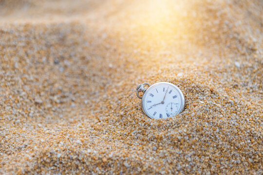 Vintage Watch On Sand Beach With Vintage Morning Warm Light, Swimming In The Time, Loosing Time, Sand Watch, Outdoor Day Light