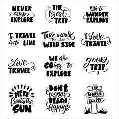 Fototapeta premium Travel set lifestyle inspiration quotes lettering. Motivational typography. Never stop explore. The dest trip. I love travel...