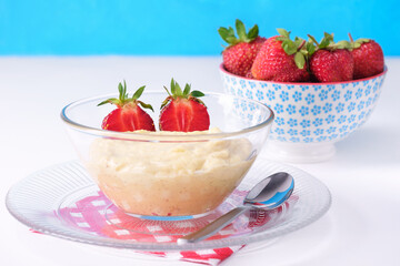 French vanilla dessert Crème Pâtissière with strawberries. Horizontal orientation