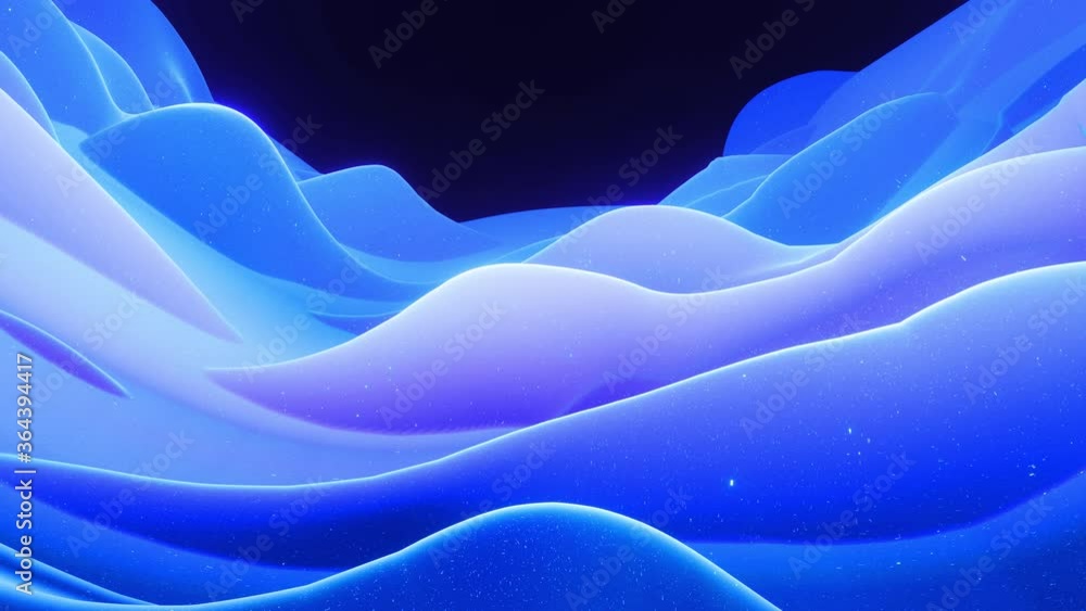 Poster Beautiful abstract 3D surface with glitter sparkles, abstract 3d waves run on surface in loop. Blue gradient, soft matte material with light inner glow. Smoothly 4k animation