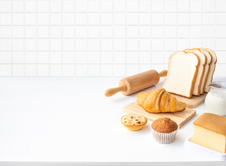 Set of breakfast food or bakery,cake on white table kitchen background