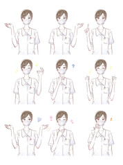 ナース服を着てマスクを付けた若い女性の表情セット