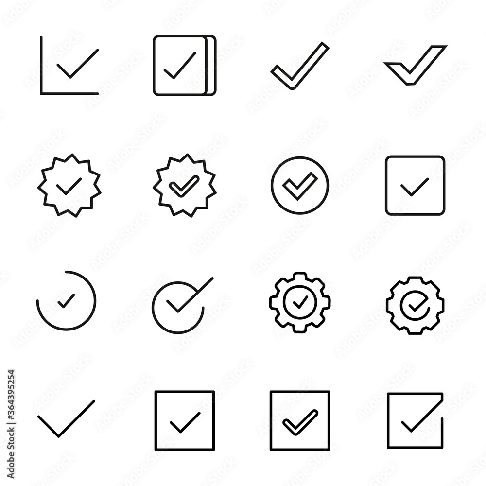 Poster stroke line icons set of check.