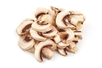Sliced champignons, close-up, isolated on white background