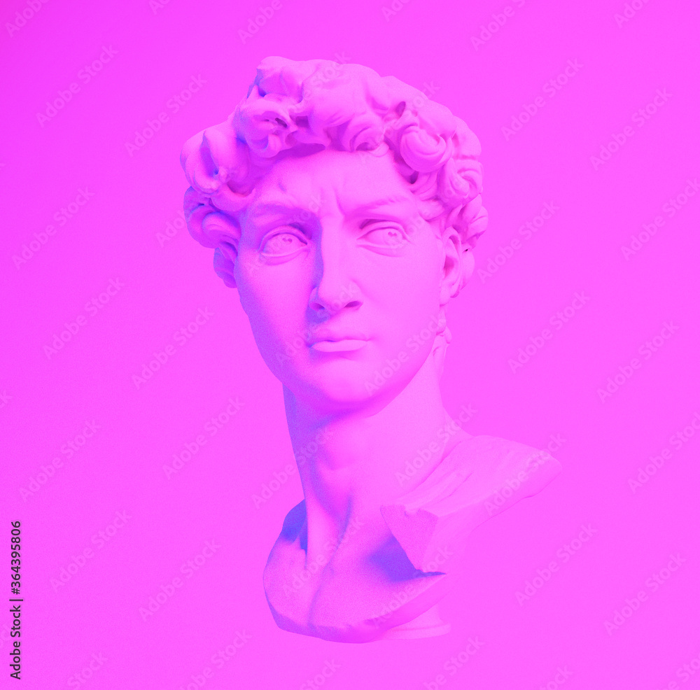 Poster 3d rendering of michelangelo's david head in neon lightning. classical sculpture in vaporwave retrof
