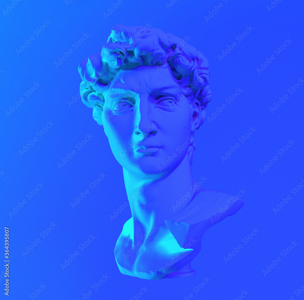 Poster 3d rendering of michelangelo's david head in neon lightning. classical sculpture in vaporwave retrof