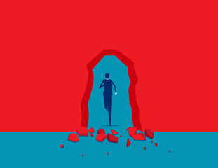 Fototapeta premium Breaking through red wall. Break through obstacles. Flat cartoon vector illustration