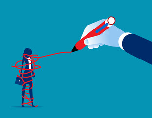 Hand drawing a red tangled ball around person depicting restriction. Flat cartoon vector illustration