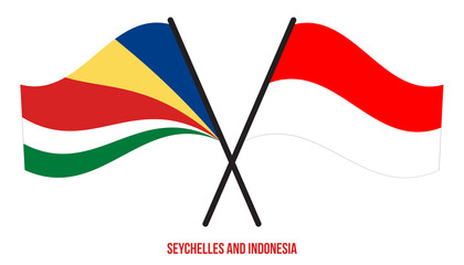 Seychelles and Indonesia Flags Crossed And Waving Flat Style. Official Proportion. Correct Colors.