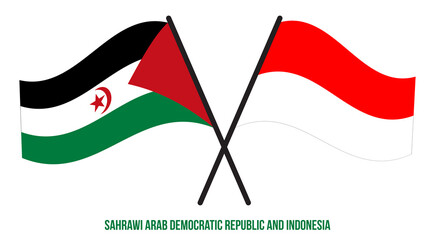 Sahrawi and Indonesia Flags Crossed And Waving Flat Style. Official Proportion. Correct Colors.