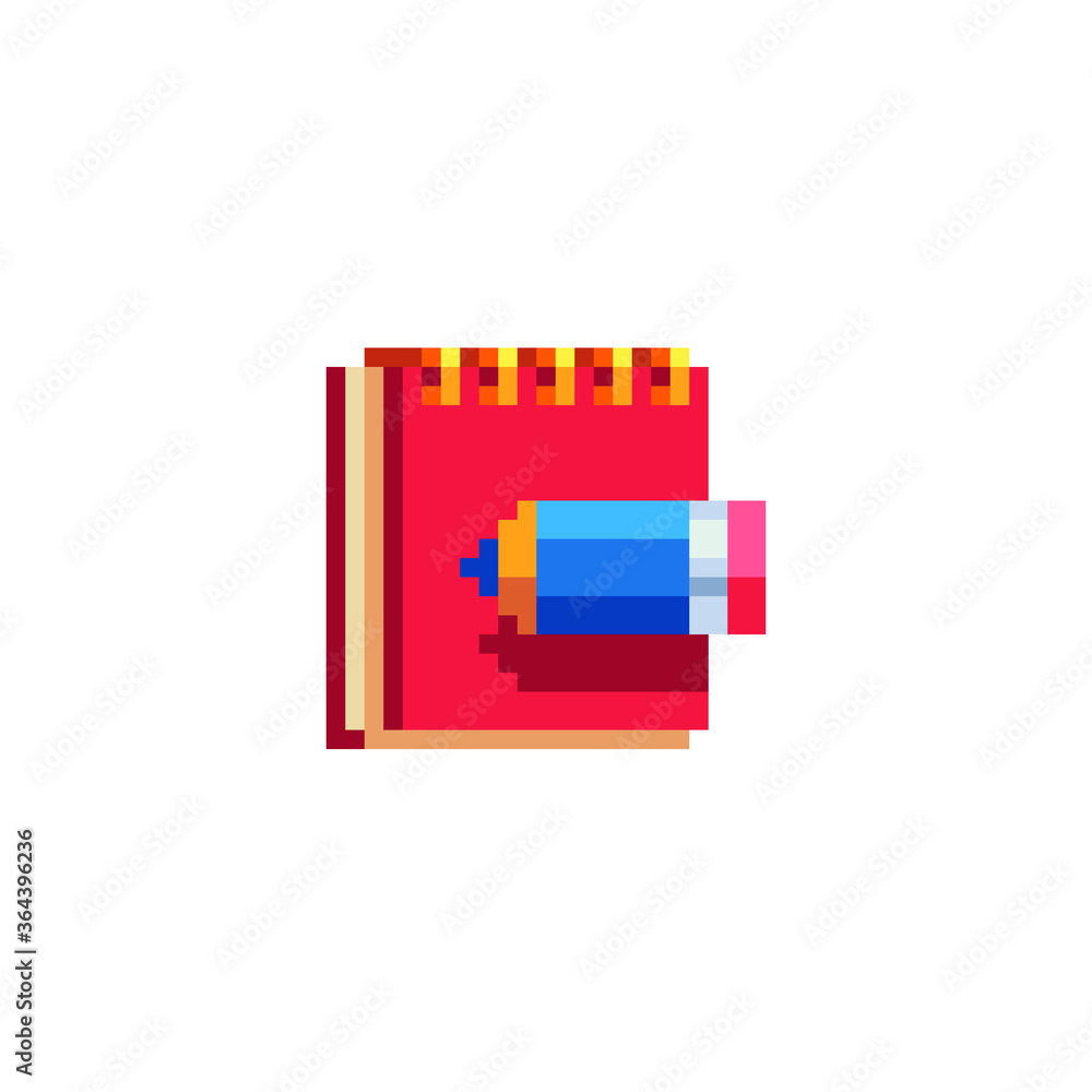 Poster notebook with pencil. pixel art flat style. web site design. 8-bit. isolated abstract vector illustr