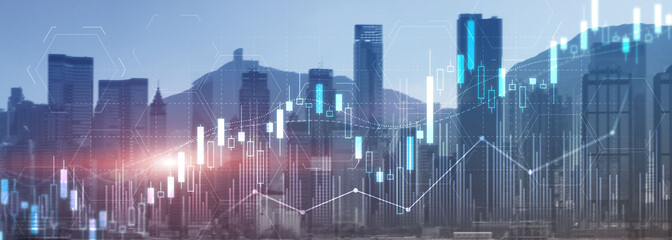 Fototapeta na wymiar Stock trading, investment, candle stock market chart diagram website header banner city view skyline.