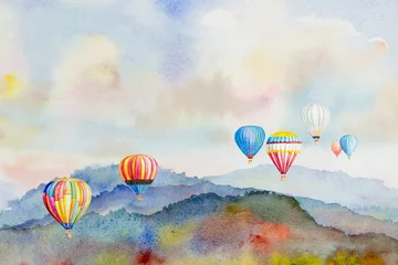 Selbstklebende Fototapeten Watercolor painting Colorful hot air balloons flying over mountain. © Painterstock
