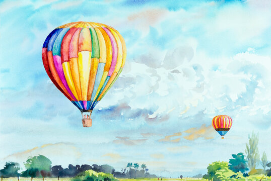 Watercolor landscape painting colorful of tourism in balloon