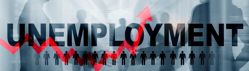 Rising unemployment. Red arrow up. 2020 financial crisis concept.