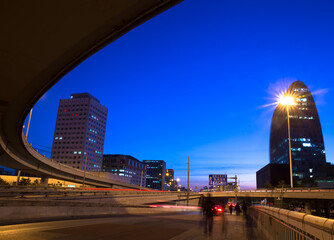 modern city with viaduct crossing over head at night in Beijing，blue background