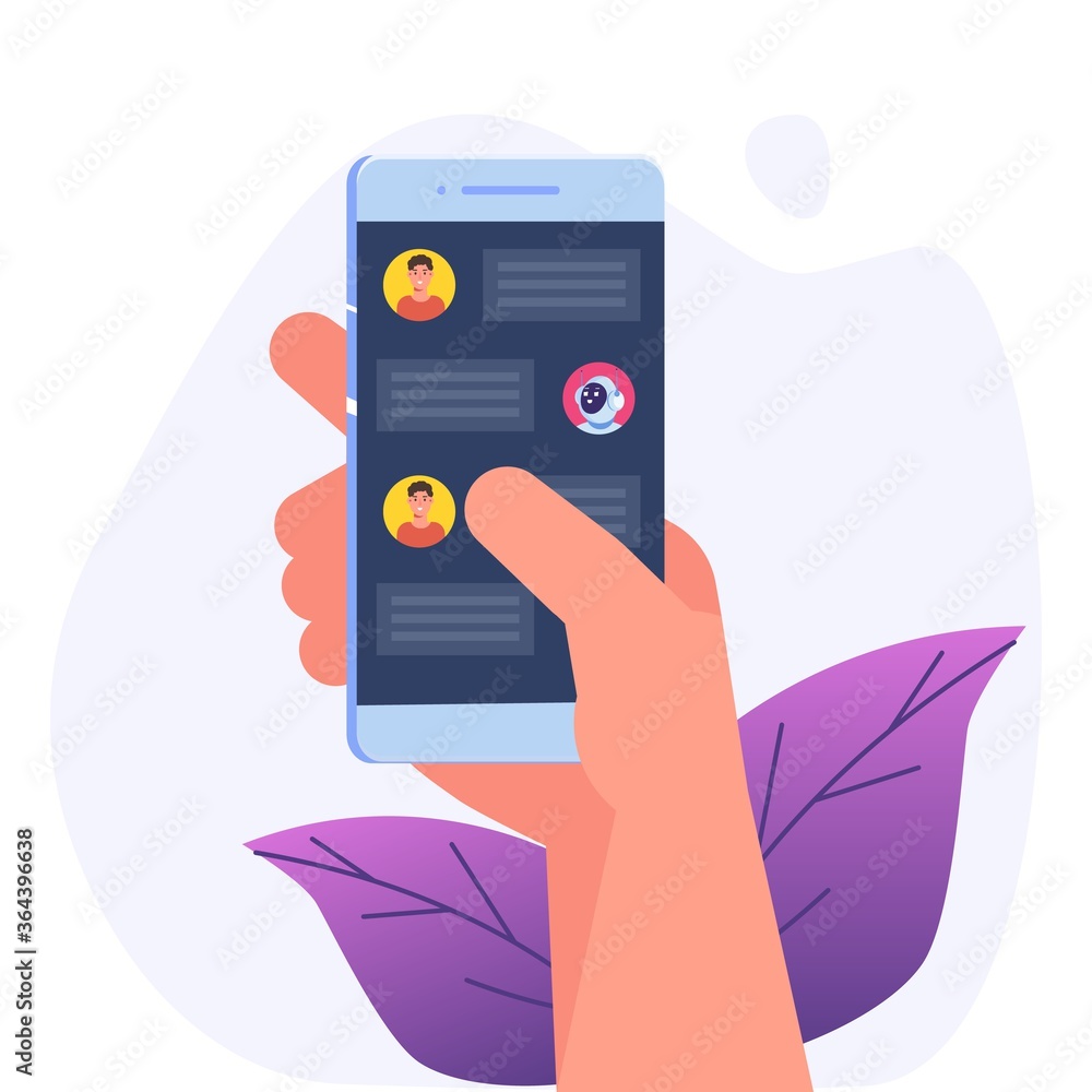 Poster chatbot concept. man talking to robot. customer support service android, artificial intelligence dia
