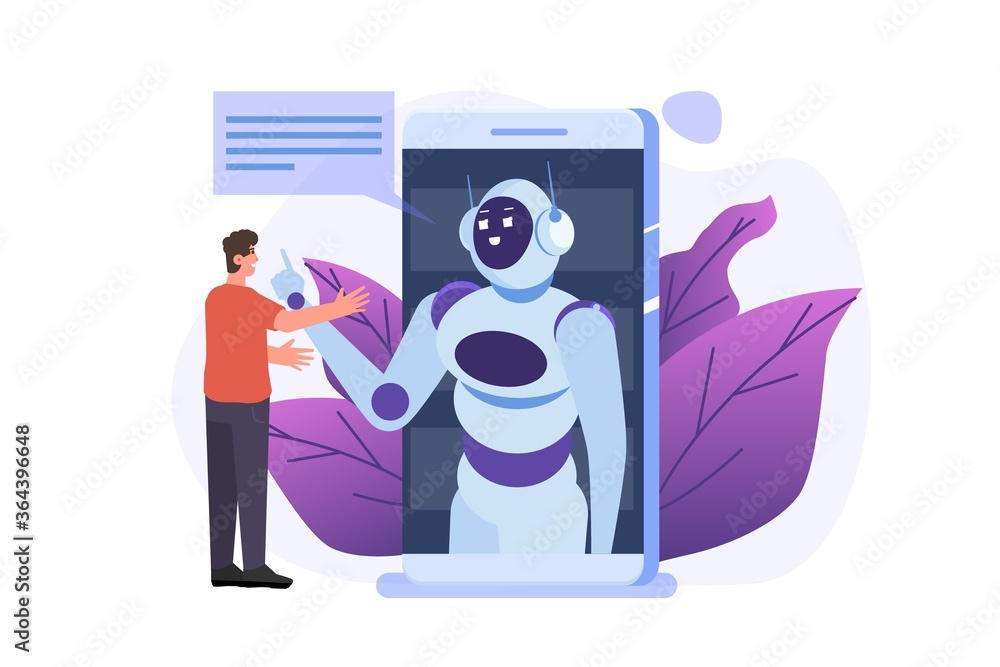 Poster chatbot concept. man talking to robot. customer support service android, artificial intelligence dia