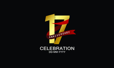 17 year anniversary red ribbon celebration logotype. anniversary logo with Red text and Spark light gold color isolated on black background, design for celebration, invitation - vector