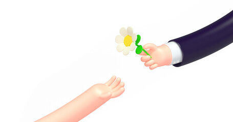 3d render cartoon business hand, chamomile flower
