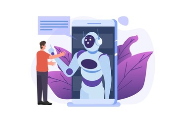 Chatbot concept. Man talking to robot. Customer support service android,  artificial intelligence dialog .