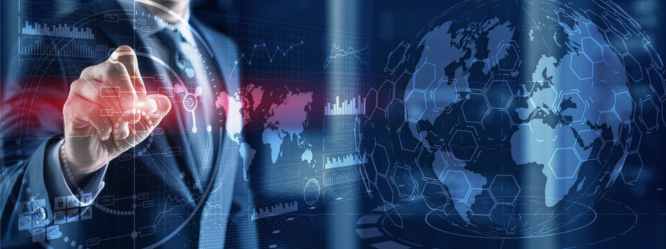 Futuristic Earth globe hologram and HUD interface panels Control dashboard. Business intelligence 3d dashboard. Man writes on a virtual whiteboard - Powered by Adobe