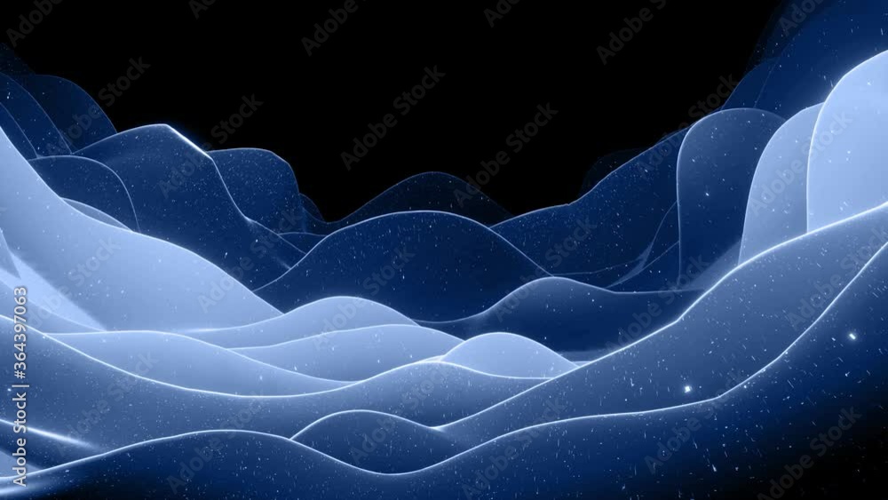 Poster beautiful abstract 3d surface with glitter sparkles, abstract 3d waves run on surface in loop. black