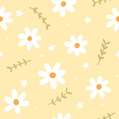 Fototapeta na wymiar Seamless Pattern with Hand Drawn Flower and Leaf Design on Light Yellow Background
