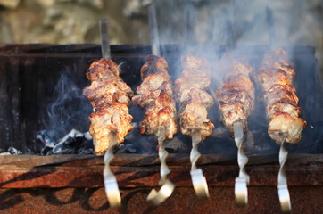 Meat And Vegetable Kebabs On The Hot BBQ Grill. Flaming Charcoal In The Background. Snack For Outdoor Summer Barbeque Party. Family dinner in the open air.
