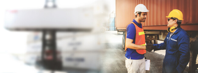 Fototapeta premium Effective teamwork, check hands between male businessmen and workers in the shipping industry : panoramic banner