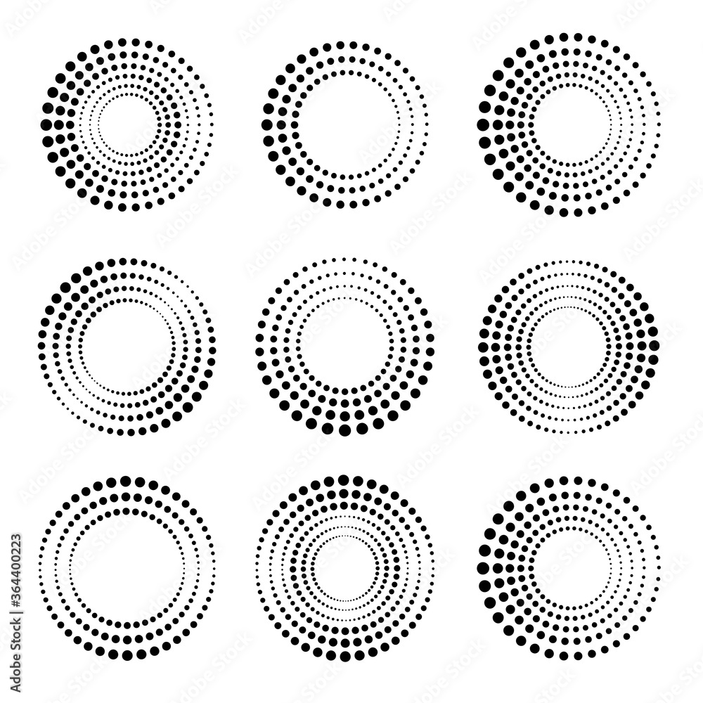 Poster halftone circle set. dotted circular shapes collection. round frame with dots