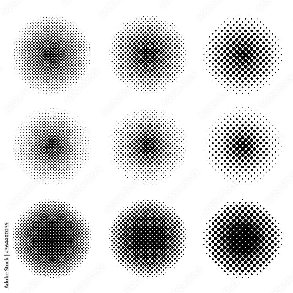 Poster circle halftone set. round shape with dotted gradient. dot spray gradation