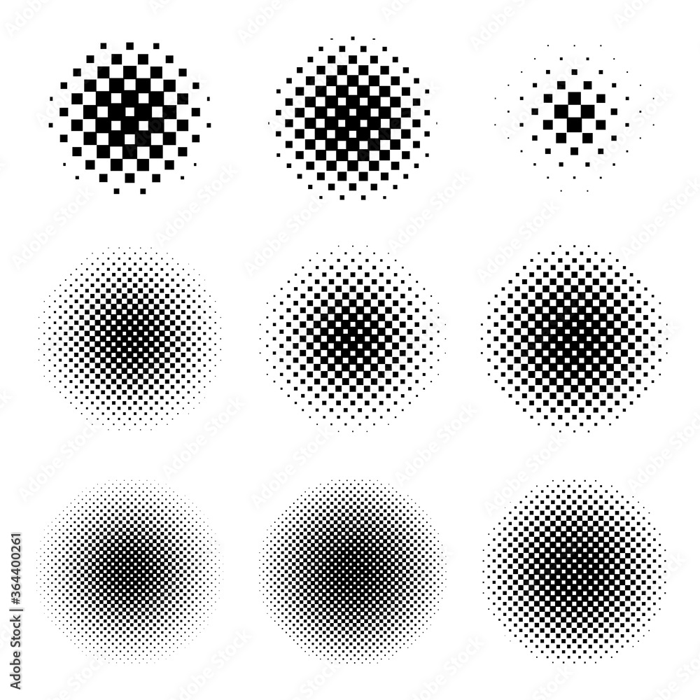 Poster circle halftone set with square dots. round shape with dotted gradient.