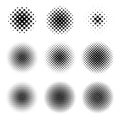Circle halftone set with square dots. Round shape with dotted gradient. 