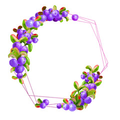 A geometric frame with ripe irgi berries on a white background is isolated. Graphic element. Watercolor illustration