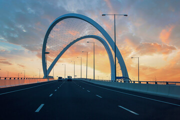 Fototapeta premium Al Wahda Bridge The Tallest Monument of City. known as 56 Bridge of Arch