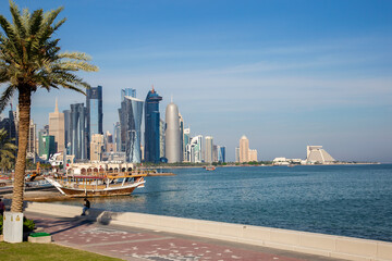 Fototapeta premium Corniche road West Bay Doha, The popular exercise location known for fantastic promenades, water sports, traditional dhow races and more.