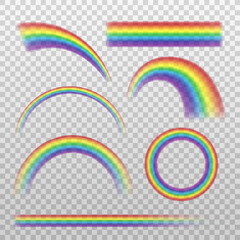 Rainbow effects set in different shape, realistic vector illustration isolated.