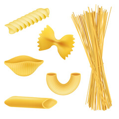 Different pasta shapes - realistic set isolated on white background